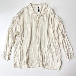 Venti6 Italy Women's Ivory‎ Silky Oversized Button Down Shirt Loose Fit Top